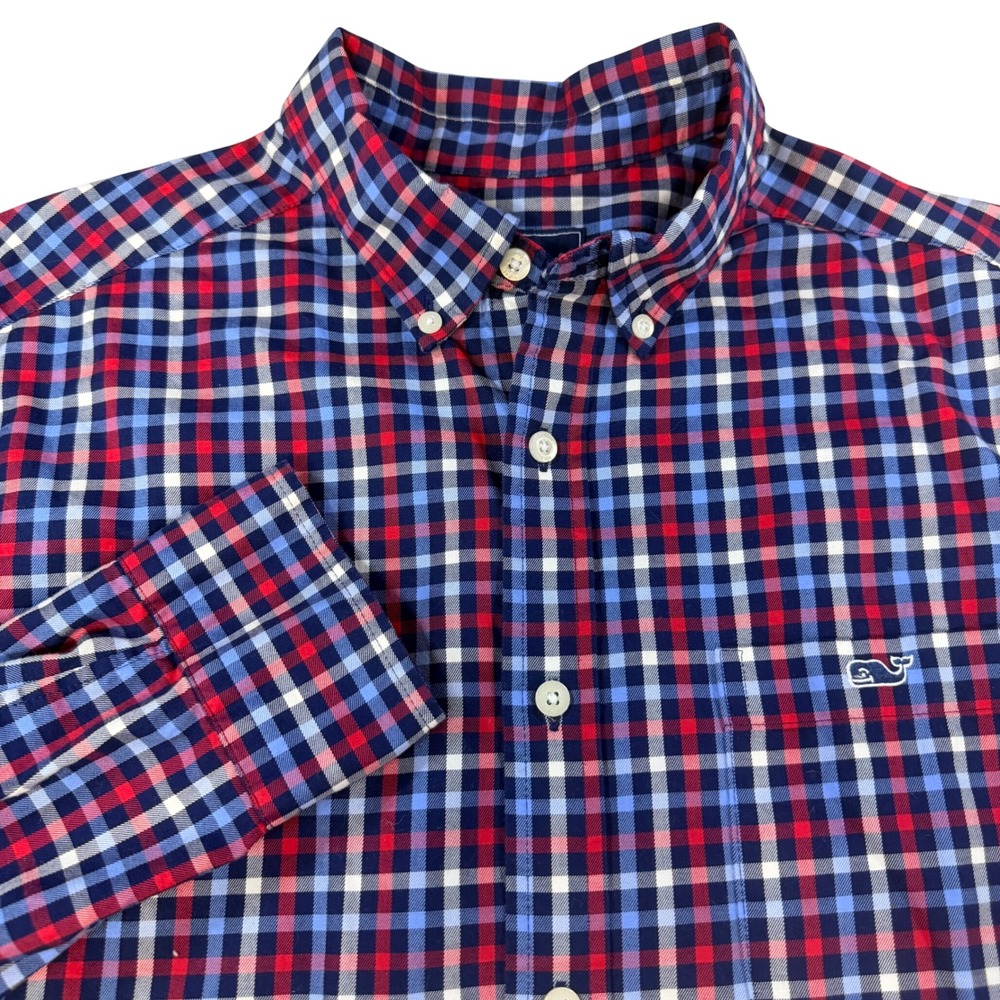Vineyard Vines Mens Gingham Button Down Shirt Red White Blue Whale Logo XL
